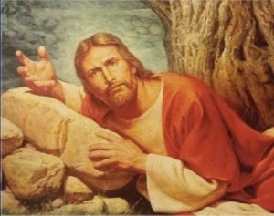 Jesus reclining on rocks with an exasperated shrug
