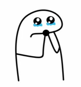 Flork with teary eyes clasping its hands