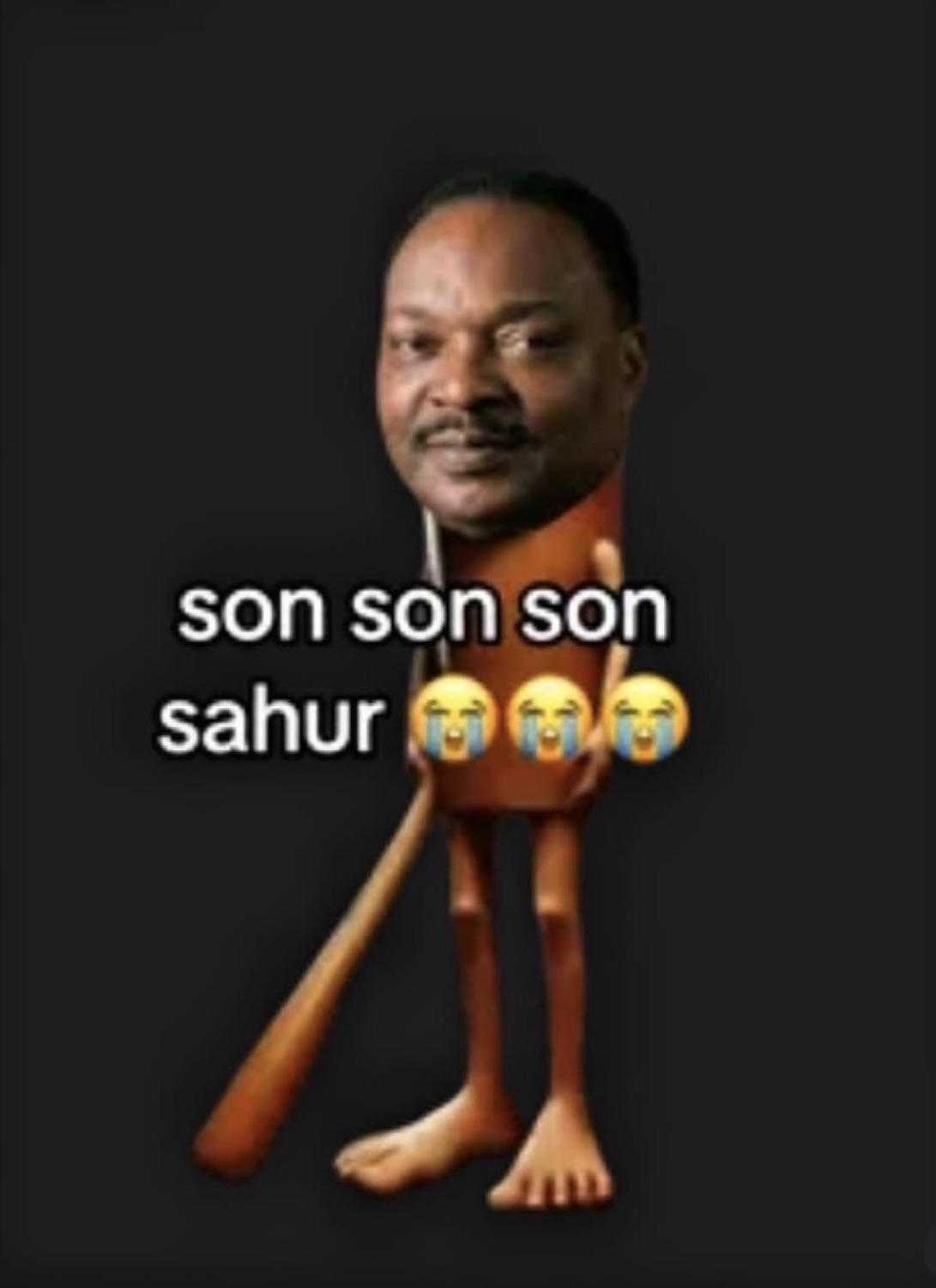 A man's head pasted onto the Tung Tung Sahur bat character captioned 'son son son sahur'
