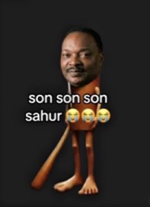 A man's head pasted onto the Tung Tung Sahur bat character captioned 'son son son sahur'