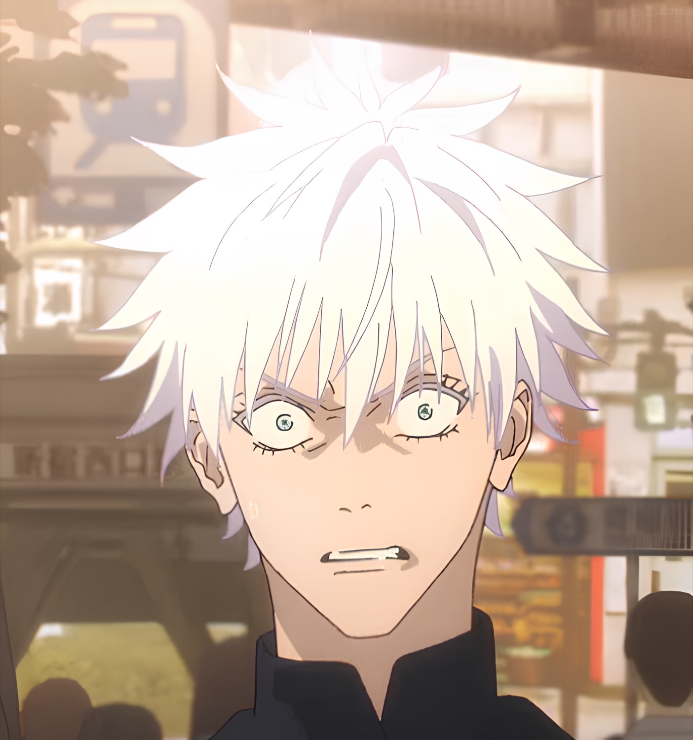 White-haired anime character with wide shocked eyes and clenched teeth in a city setting