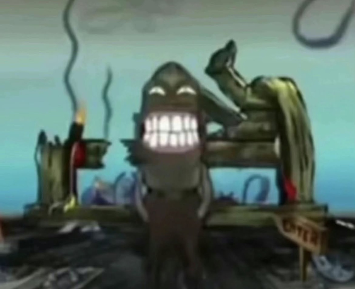 SpongeBob villain character grinning maniacally with glowing teeth, rising from chaos