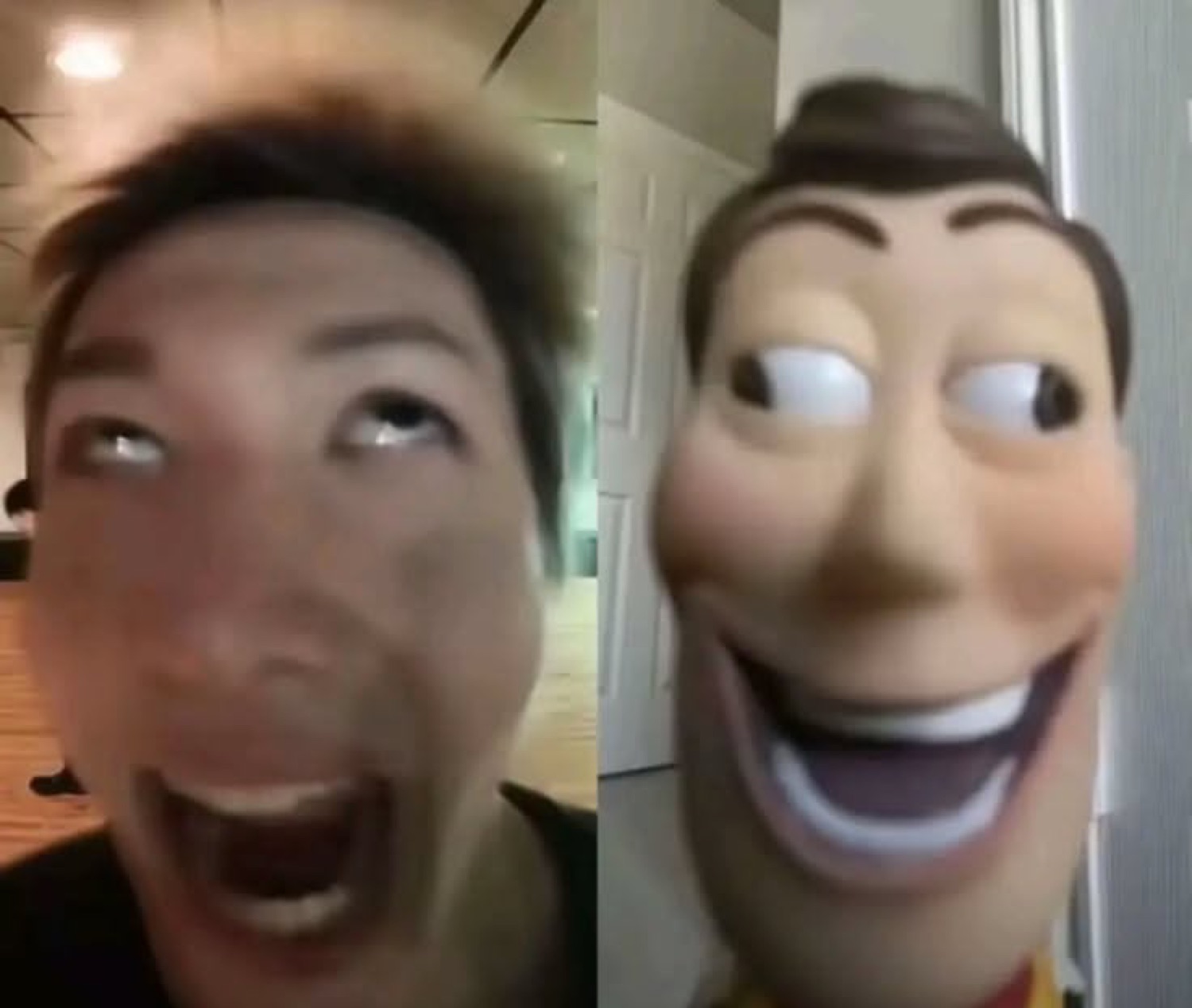 Split shot of a guy screaming next to a grinning cartoon-faced mascot head