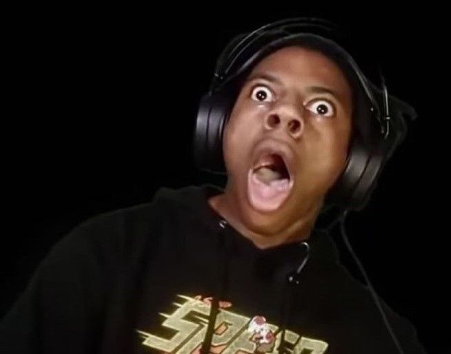 Headphone-wearing streamer with eyes bulging and mouth wide open in shock