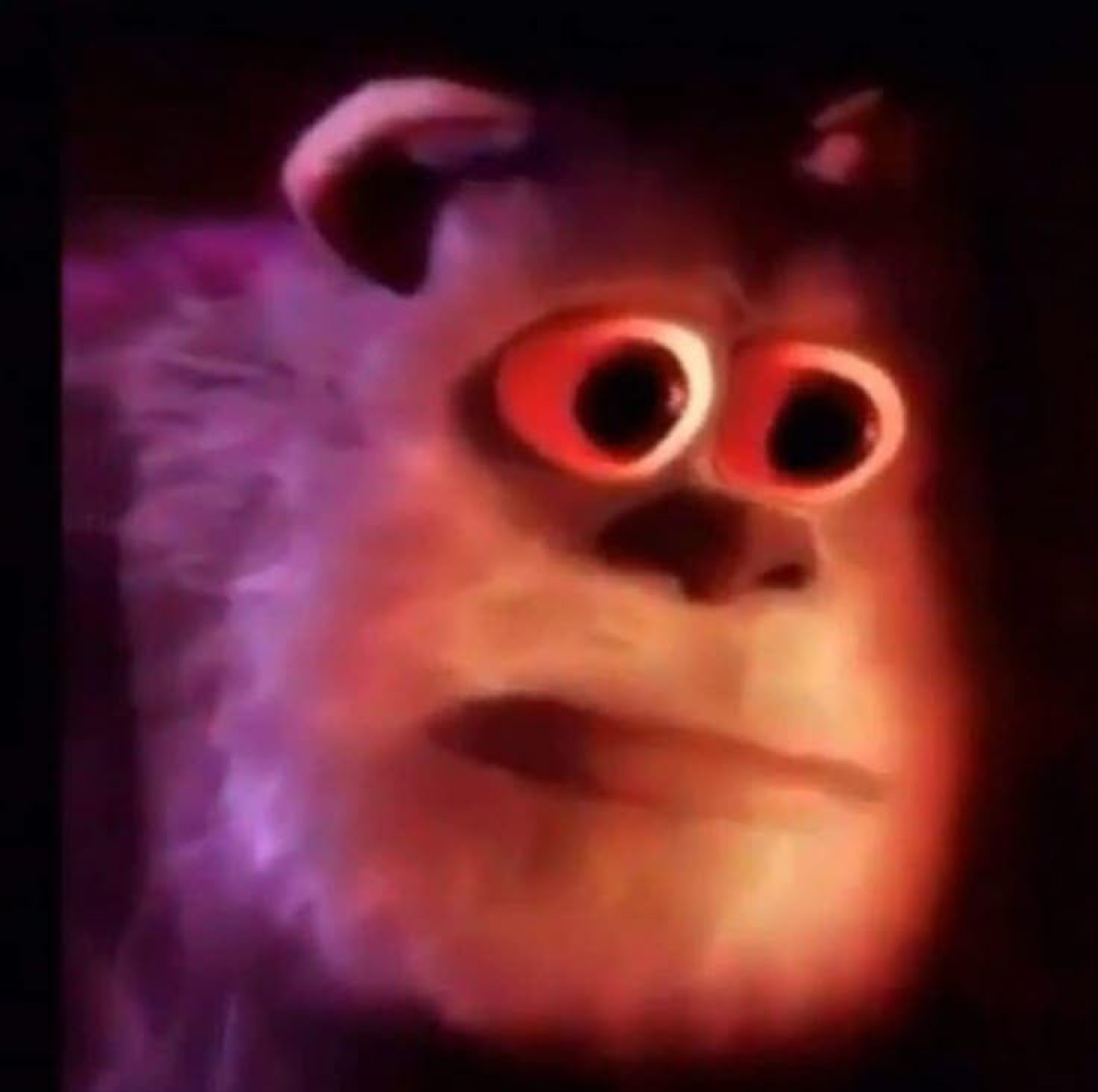 Sulley from Monsters Inc. glowing purple with huge round eyes and a stunned face