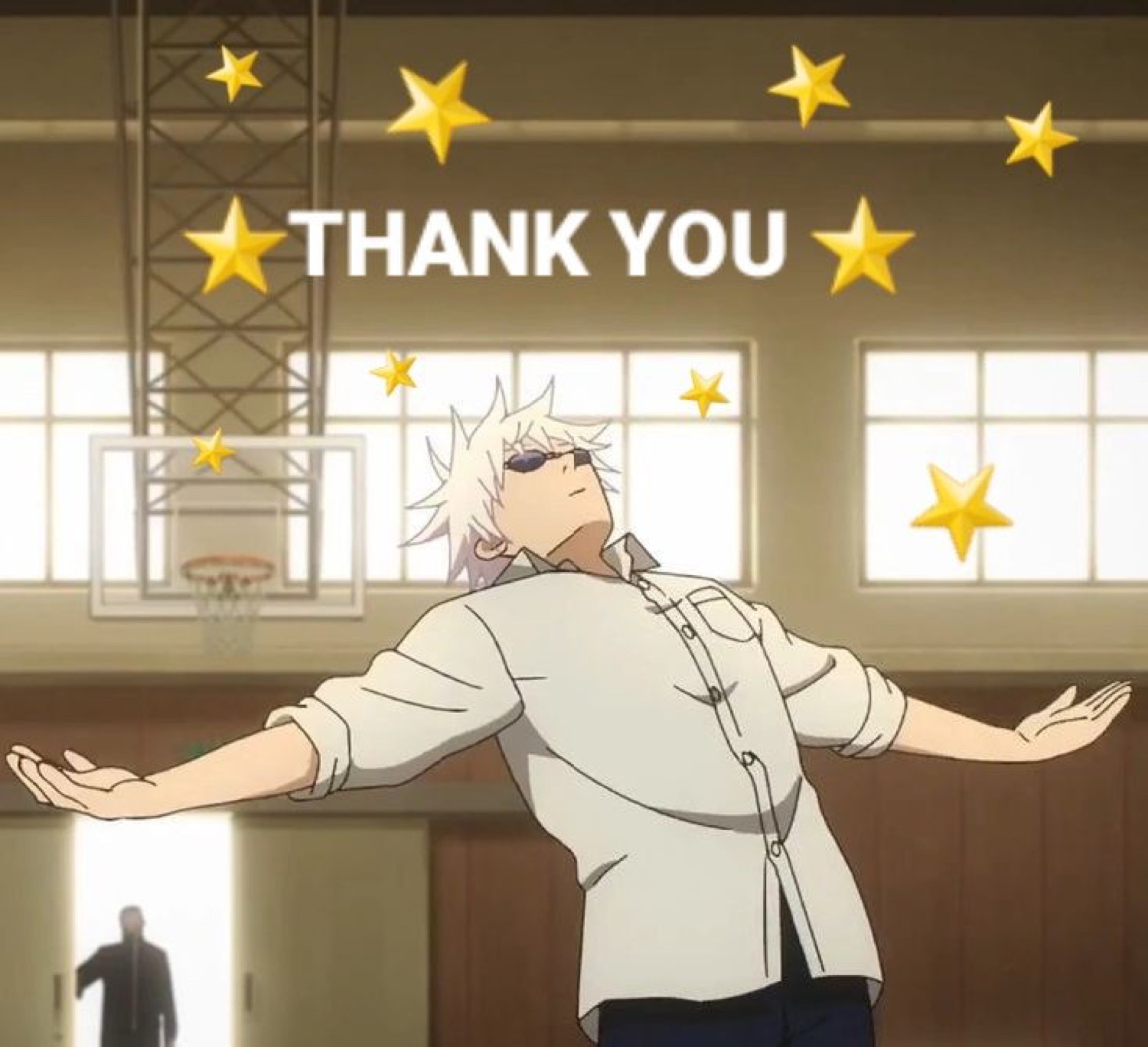 Gojo with arms spread under gold stars: 'THANK YOU'