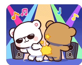 Two cute cartoon bears in sunglasses dancing at a disco