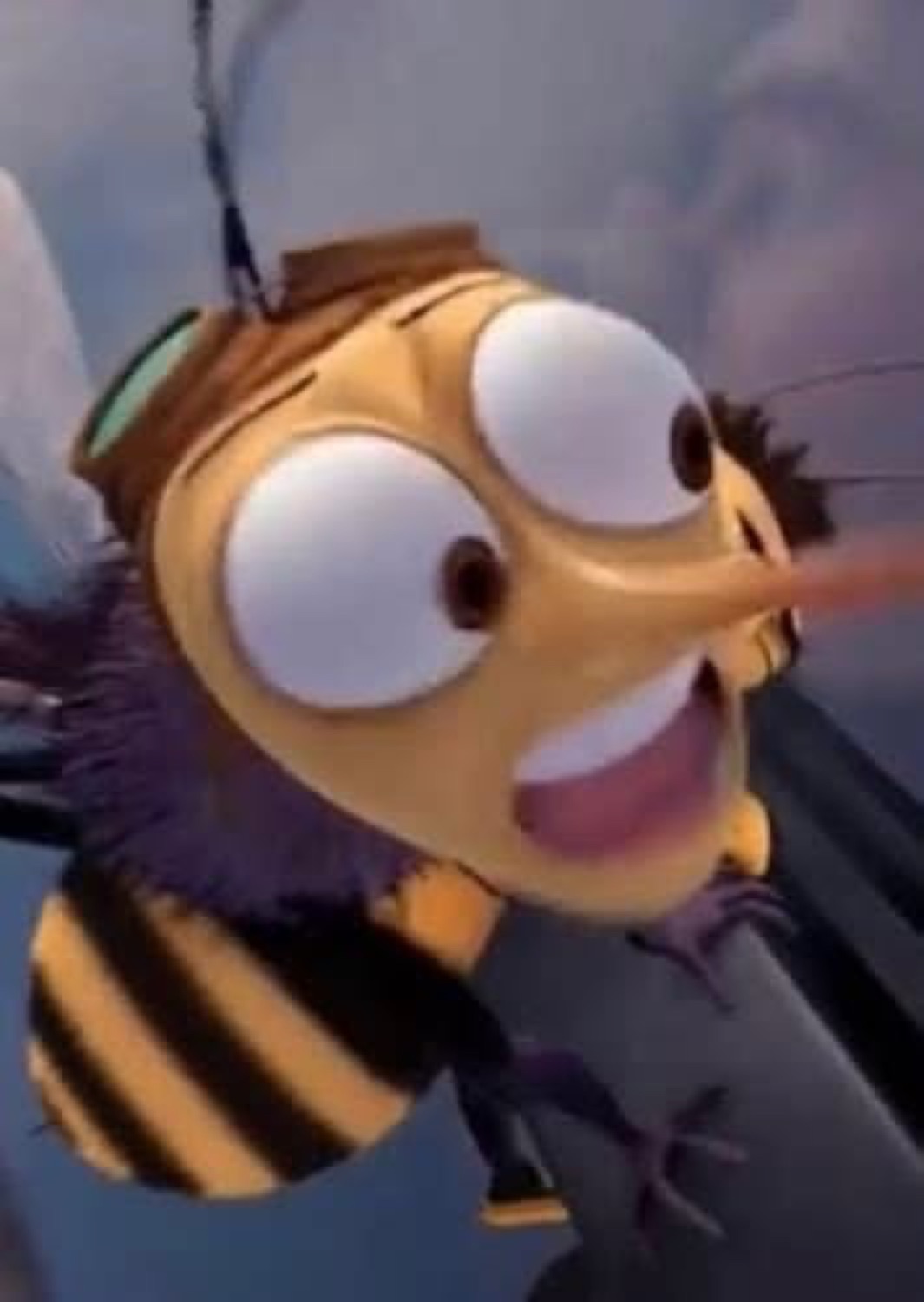 Barry the bee from Bee Movie with huge bulging eyes mid-scream