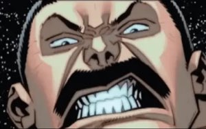 Close-up cartoon man screaming with clenched teeth and furious wide eyes