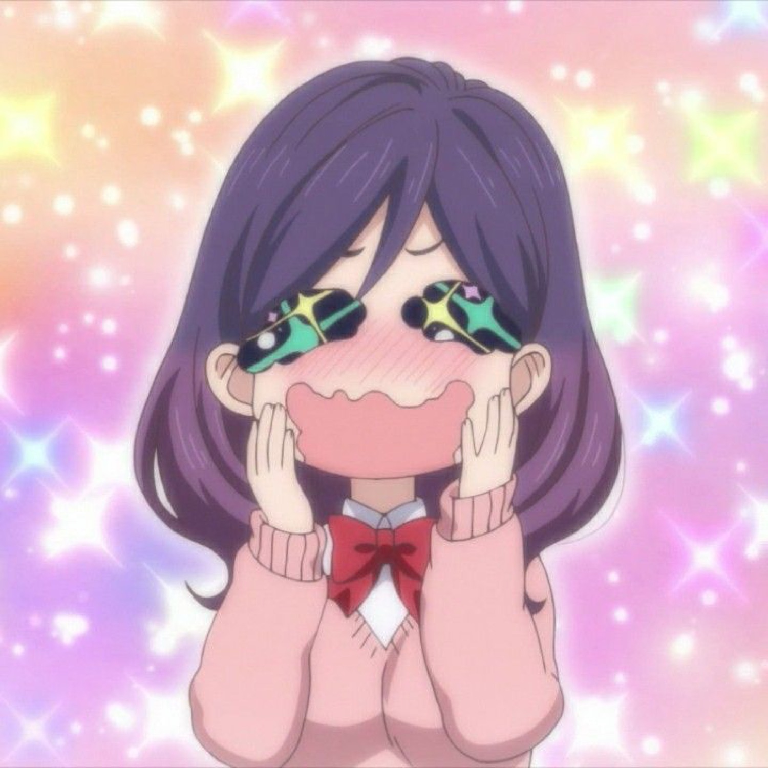 Anime girl with sparkly star eyes and blushing cheeks holding her face in overwhelmed excitement