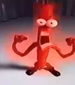 Glowing red cartoon figure flexing with bulging eyes and pure rage
