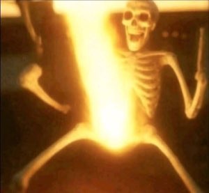 Glowing skeleton dancing jubilantly with arms raised, bathed in golden light