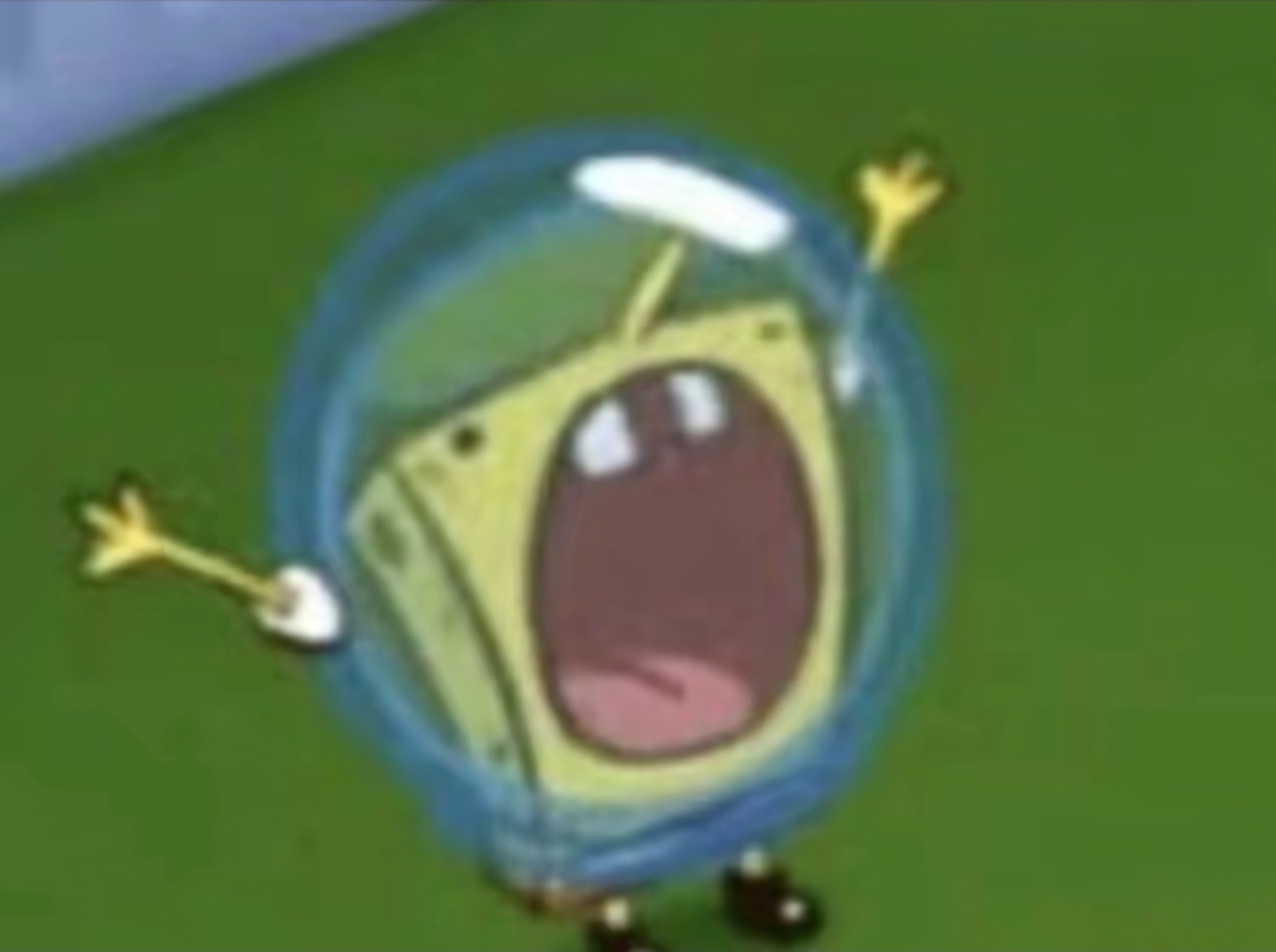 SpongeBob screaming with arms flailing inside a water helmet