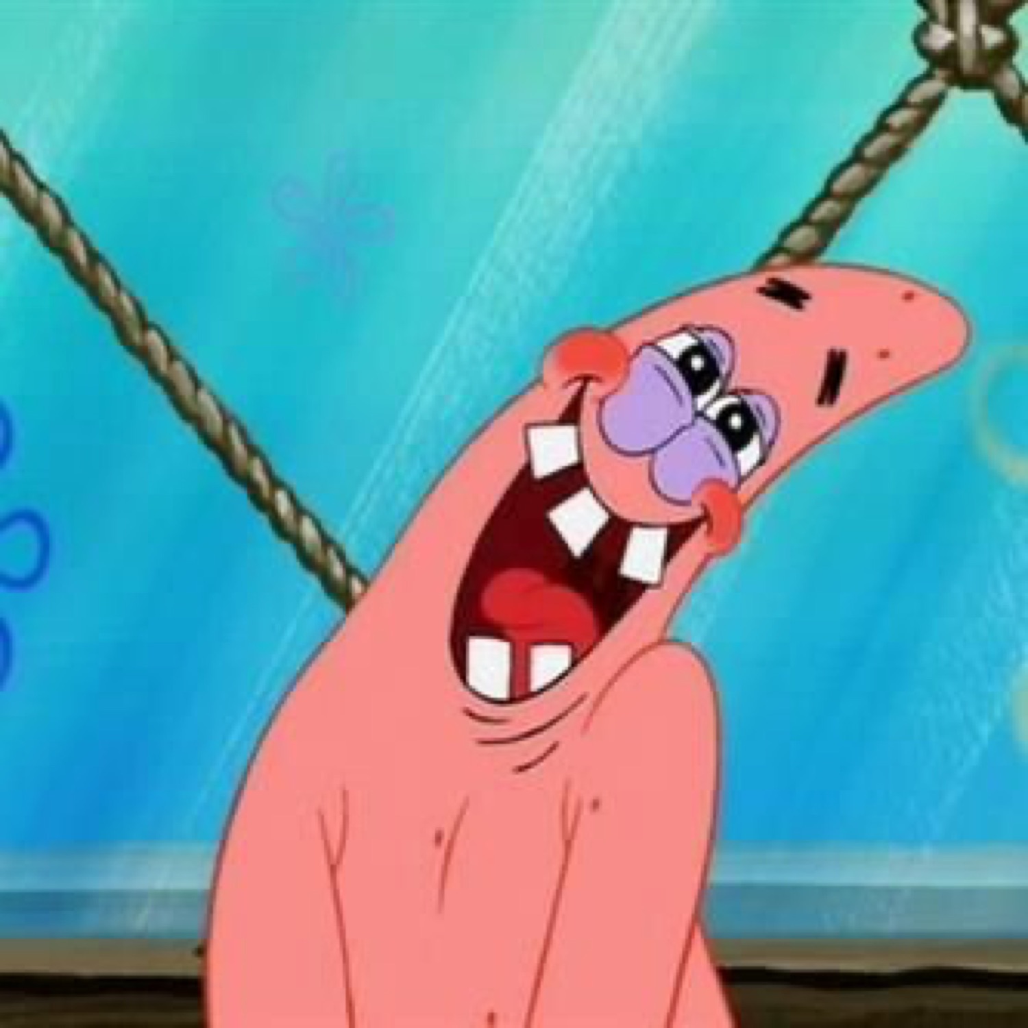 Patrick Star laughing hysterically with his head thrown back and mouth wide open