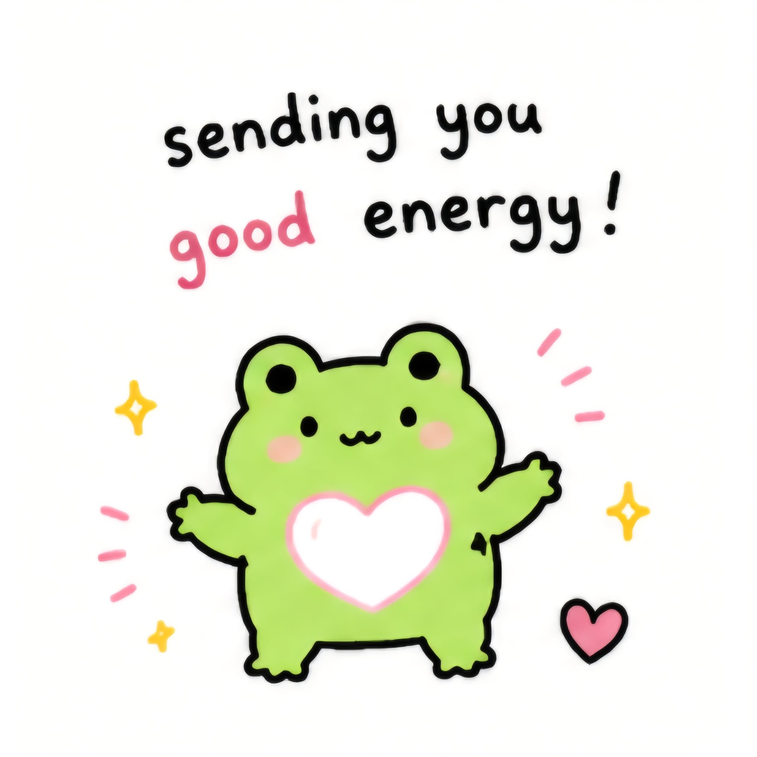 Cute cartoon frog with a heart belly raising its arms captioned 'sending you good energy!'
