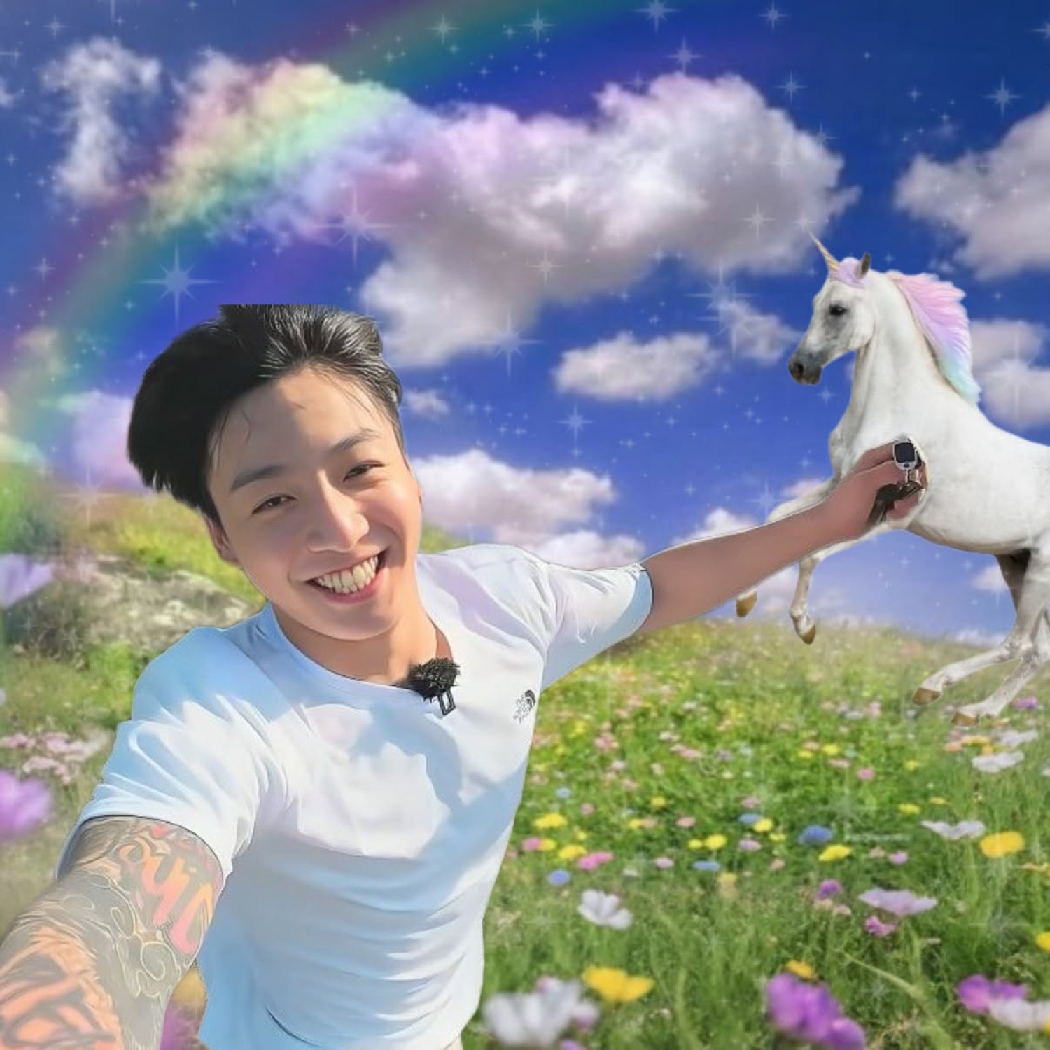 Smiling young man holding a unicorn in a fantasy meadow with rainbows and sparkles
