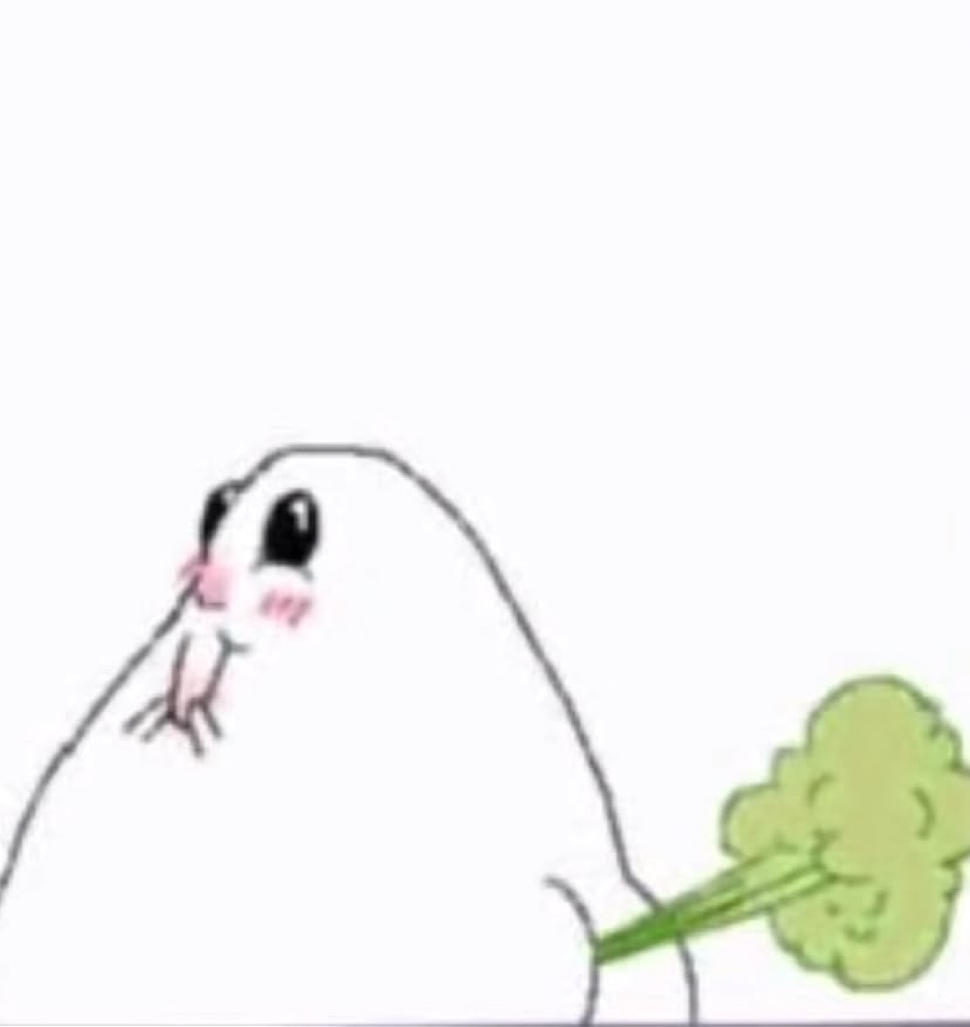 Cute cartoon blob creature recoiling in disgust from a piece of broccoli