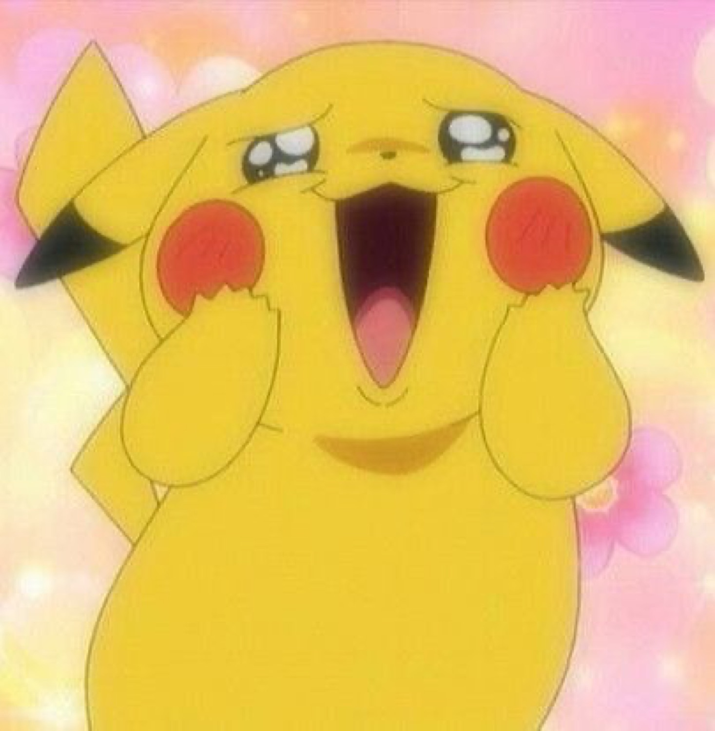 Pikachu with watery happy eyes and red cheeks, overcome with joy