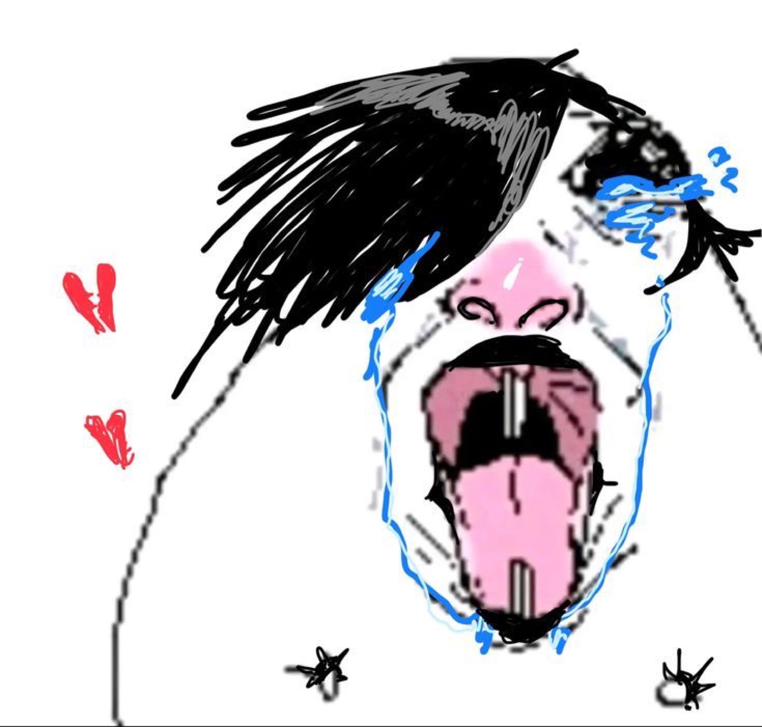 Scribbled crying face with messy black hair, blue tears and red hearts