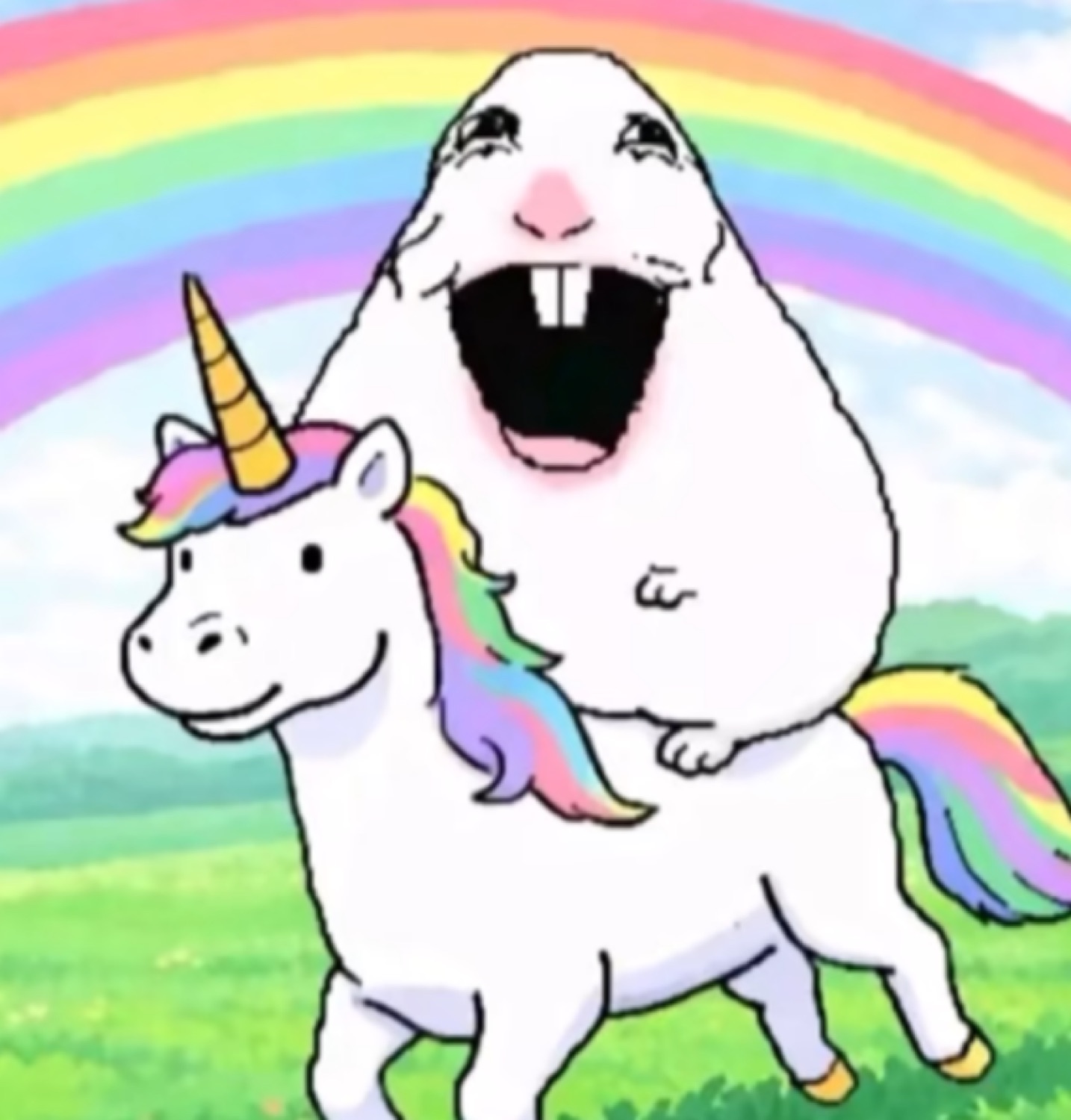 Cartoon hamster meme riding a rainbow unicorn with mouth wide open in pure joy