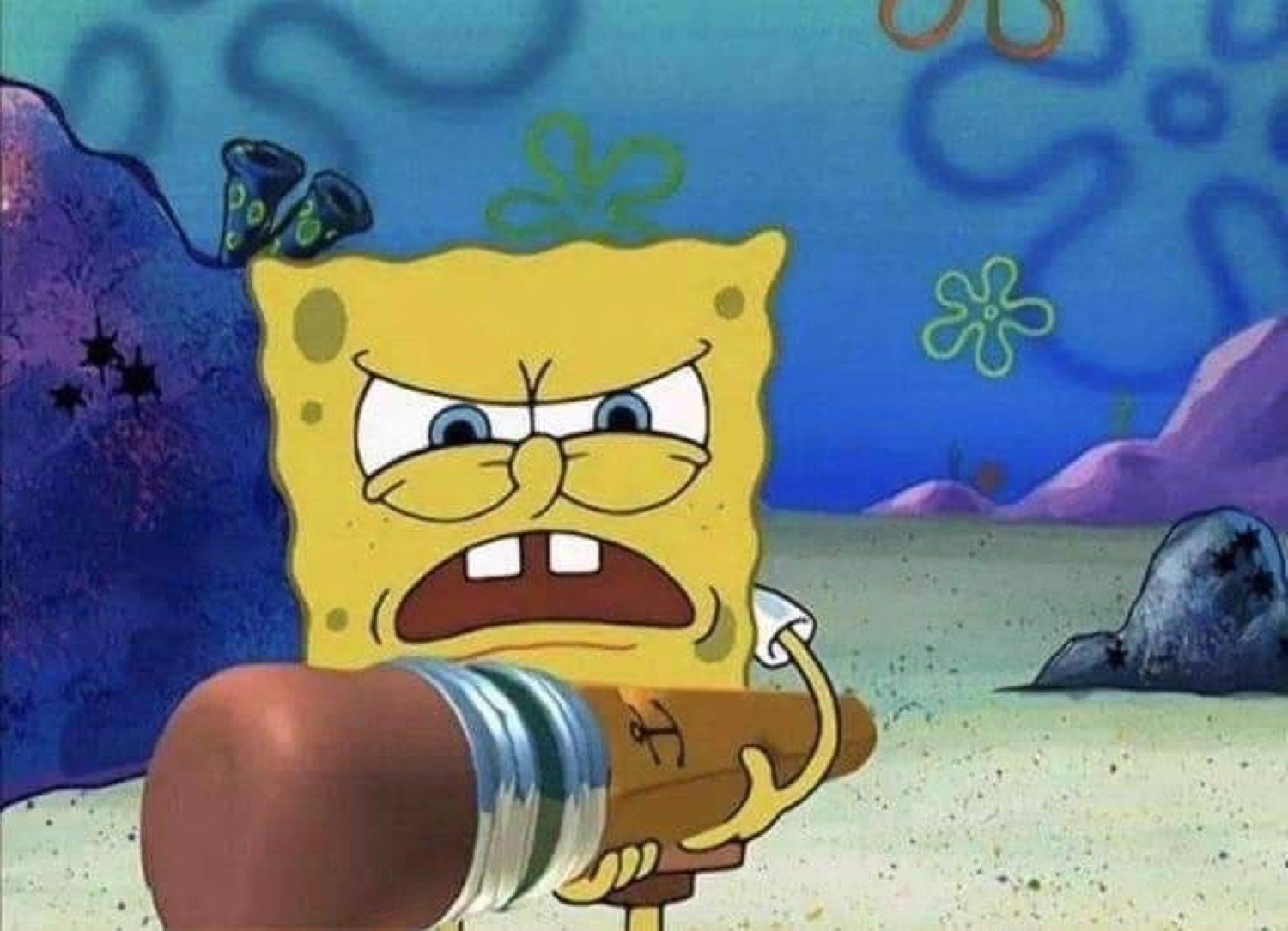 SpongeBob snarling furiously into a microphone, eyes red with rage