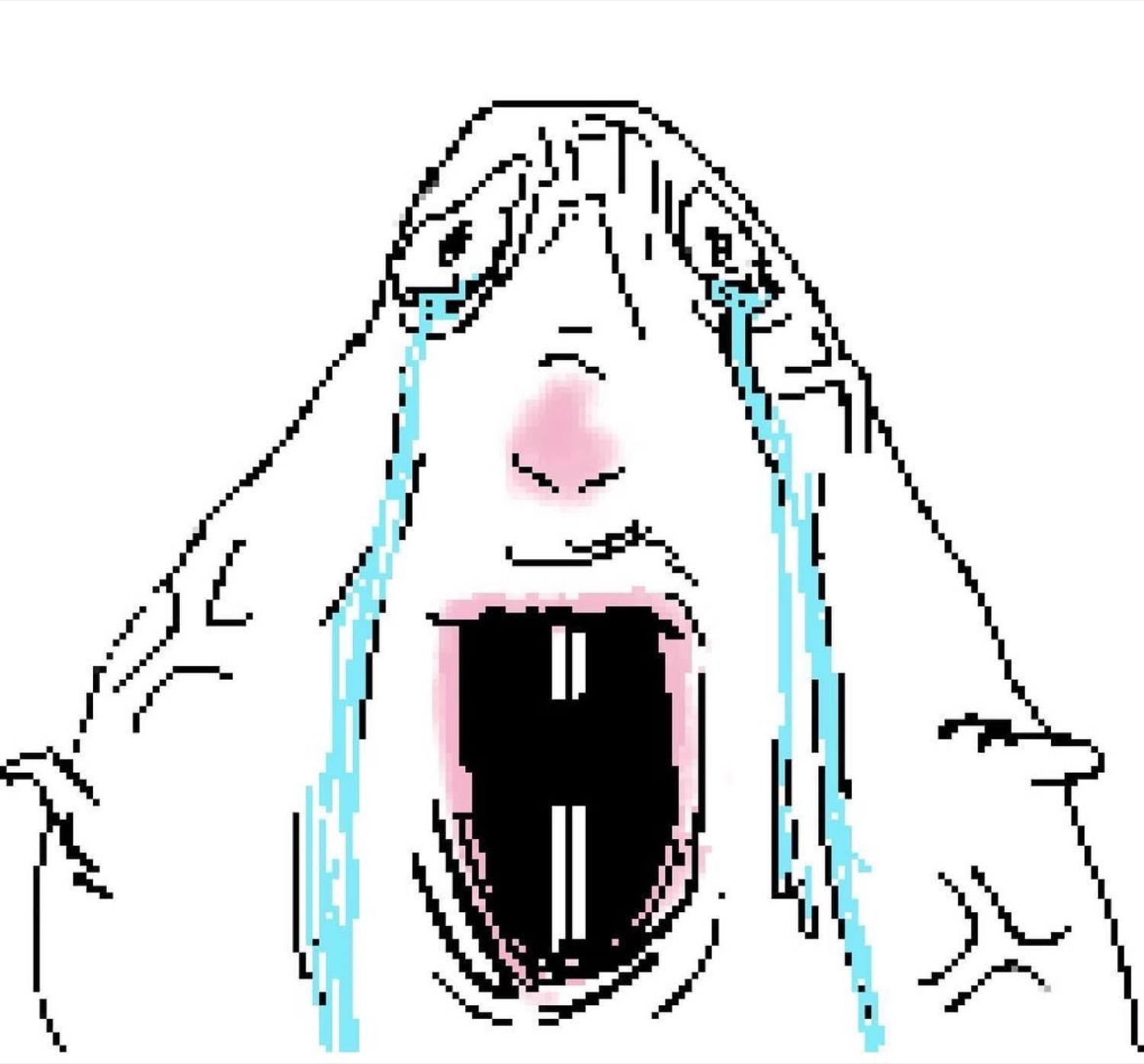 Wojak-style cartoon character sobbing with mouth wide open and tears streaming down