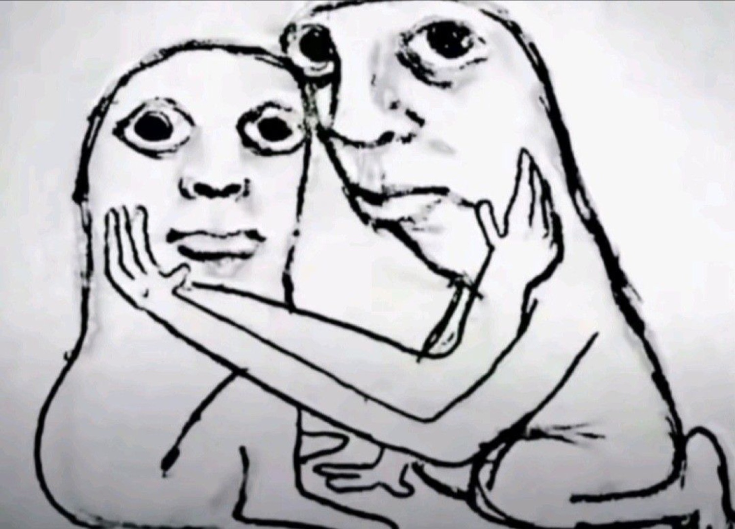 Two big-eyed, elongated sketched figures holding each other's faces, staring intensely