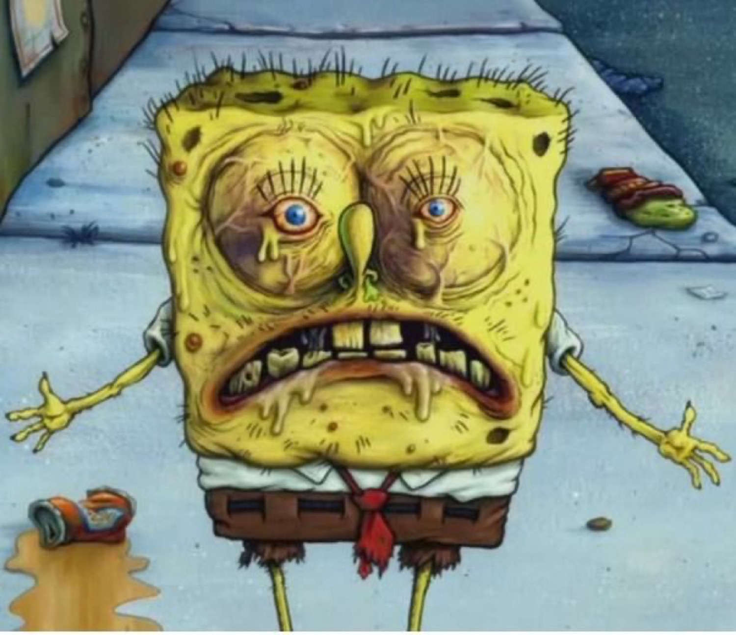 Grotesque, disheveled SpongeBob meme with drooping eyes and rotten teeth