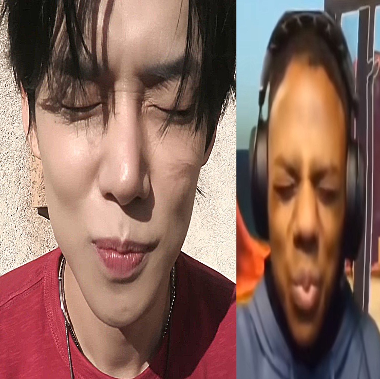 Split-screen of two guys scrunching their faces in a disgusted grimace