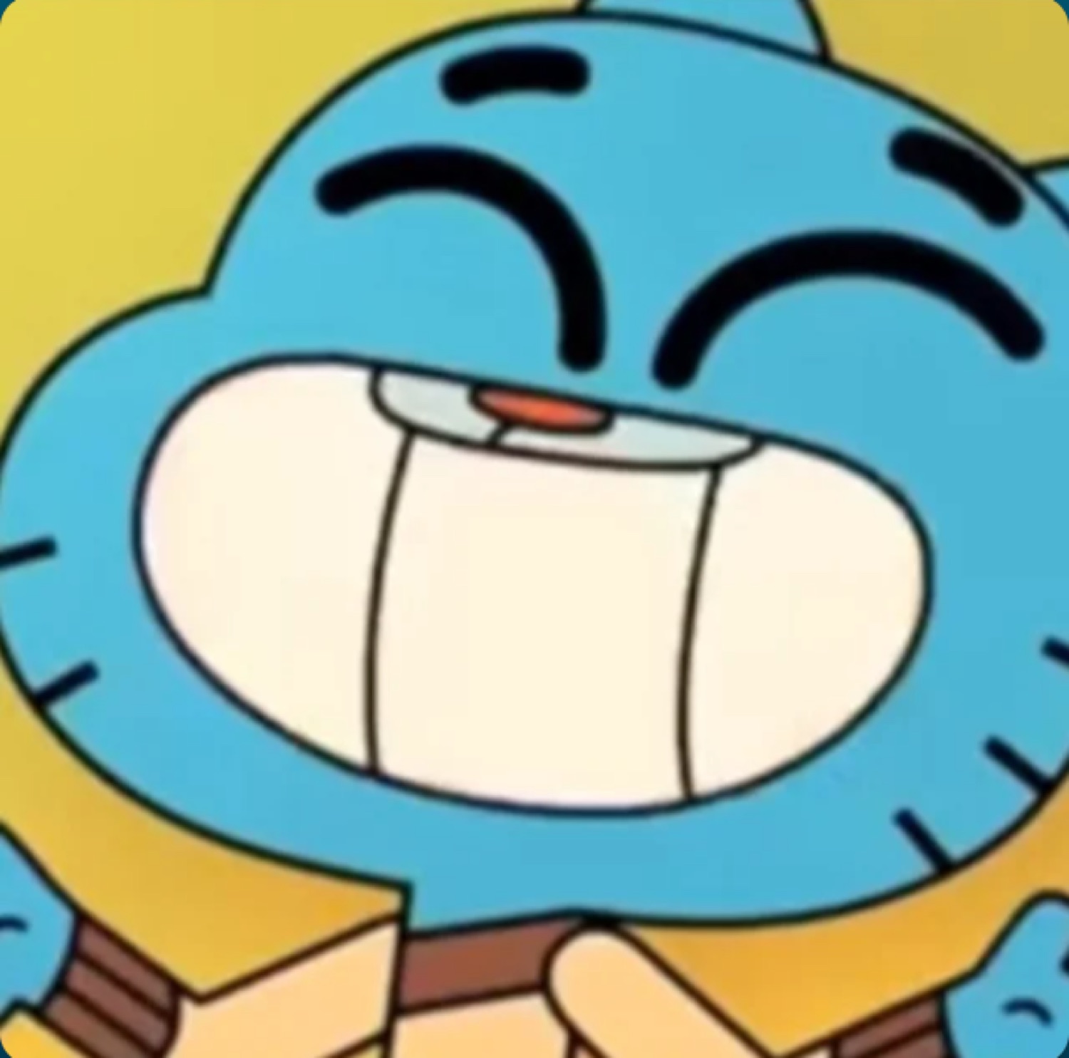 Blue cartoon cat beaming with a giant closed-eye grin