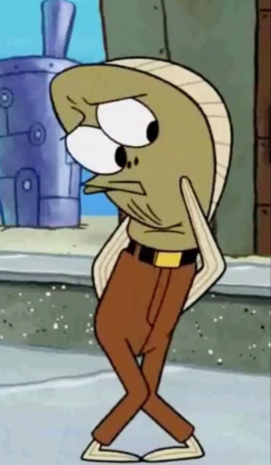 Anxious SpongeBob fish character hunched with hands clasped and nervous squinting eyes