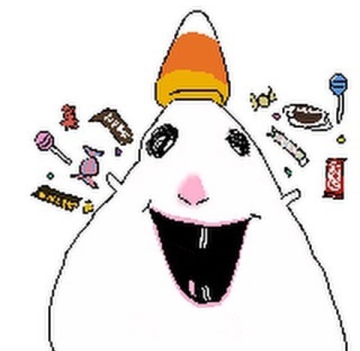 White blob doodle in a candy corn hat grinning among floating Halloween candy
