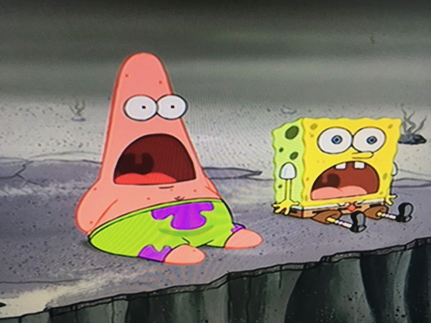 Patrick Star and SpongeBob both screaming in wide-eyed horror together