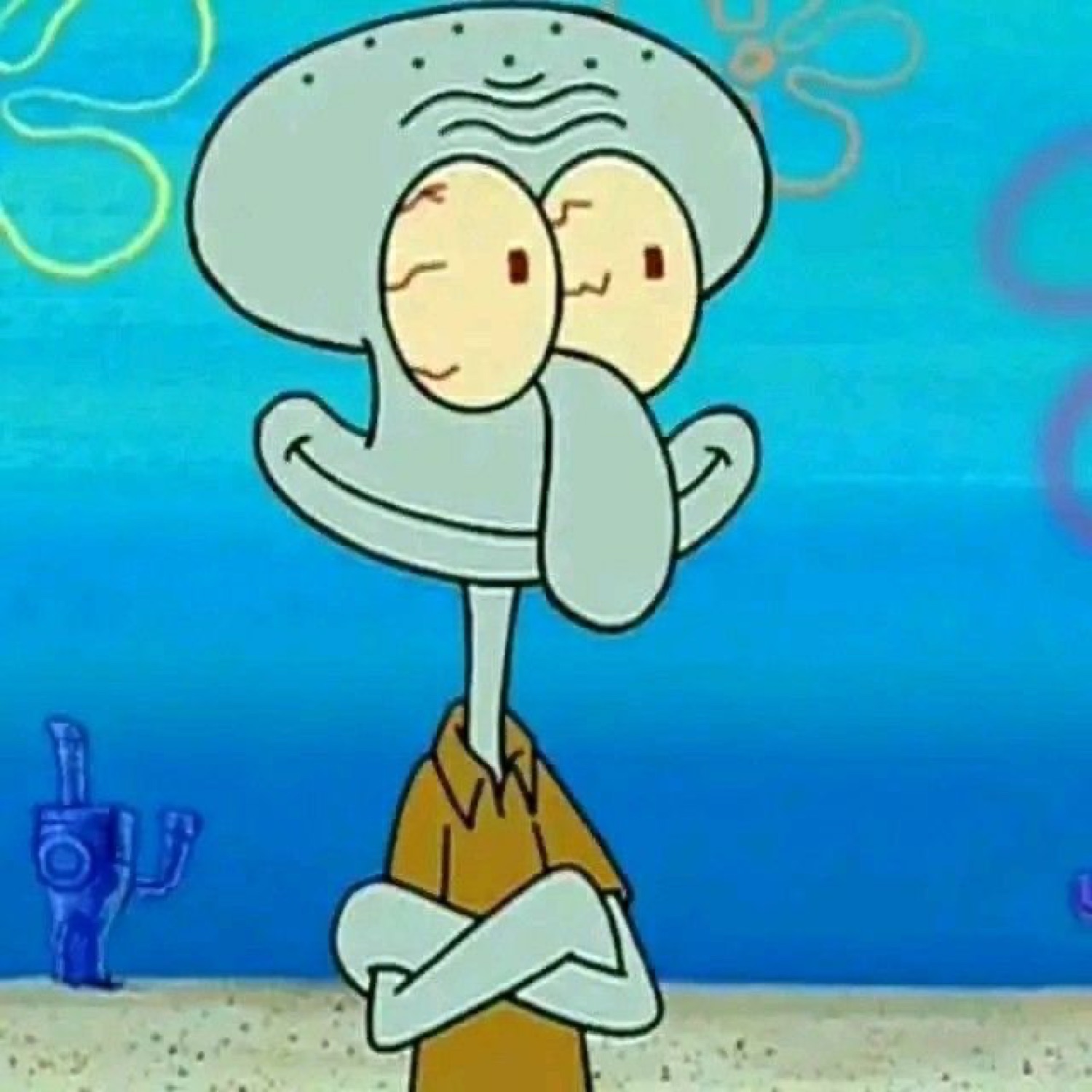 Squidward with arms crossed wearing a sly smirk and half-closed eyes