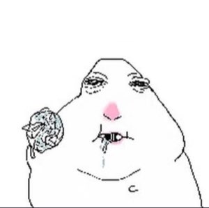 Crudely drawn blob face with heavy lids, a bee on its lip and a drool line