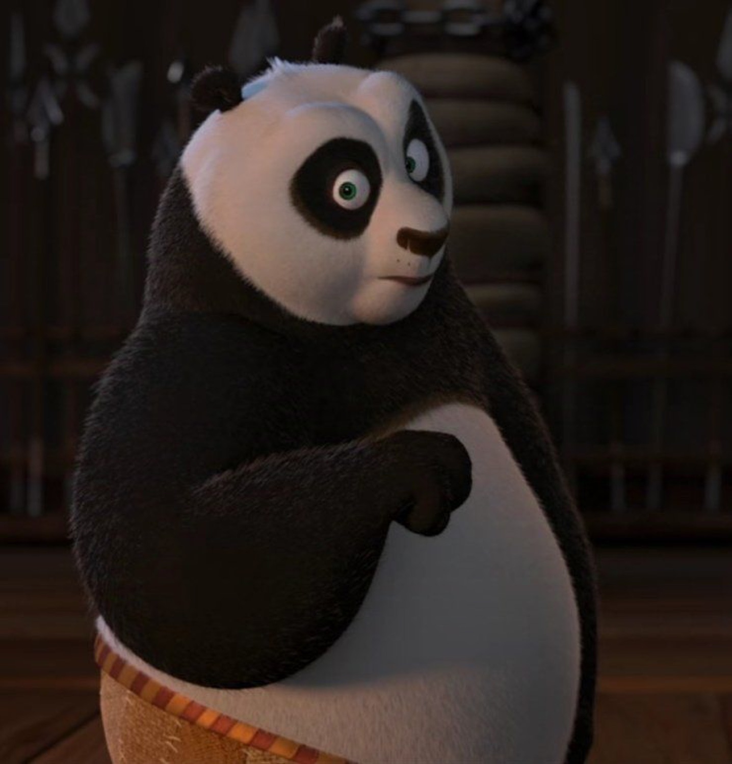 Po from Kung Fu Panda giving a sheepish side-eye while clutching his own arm