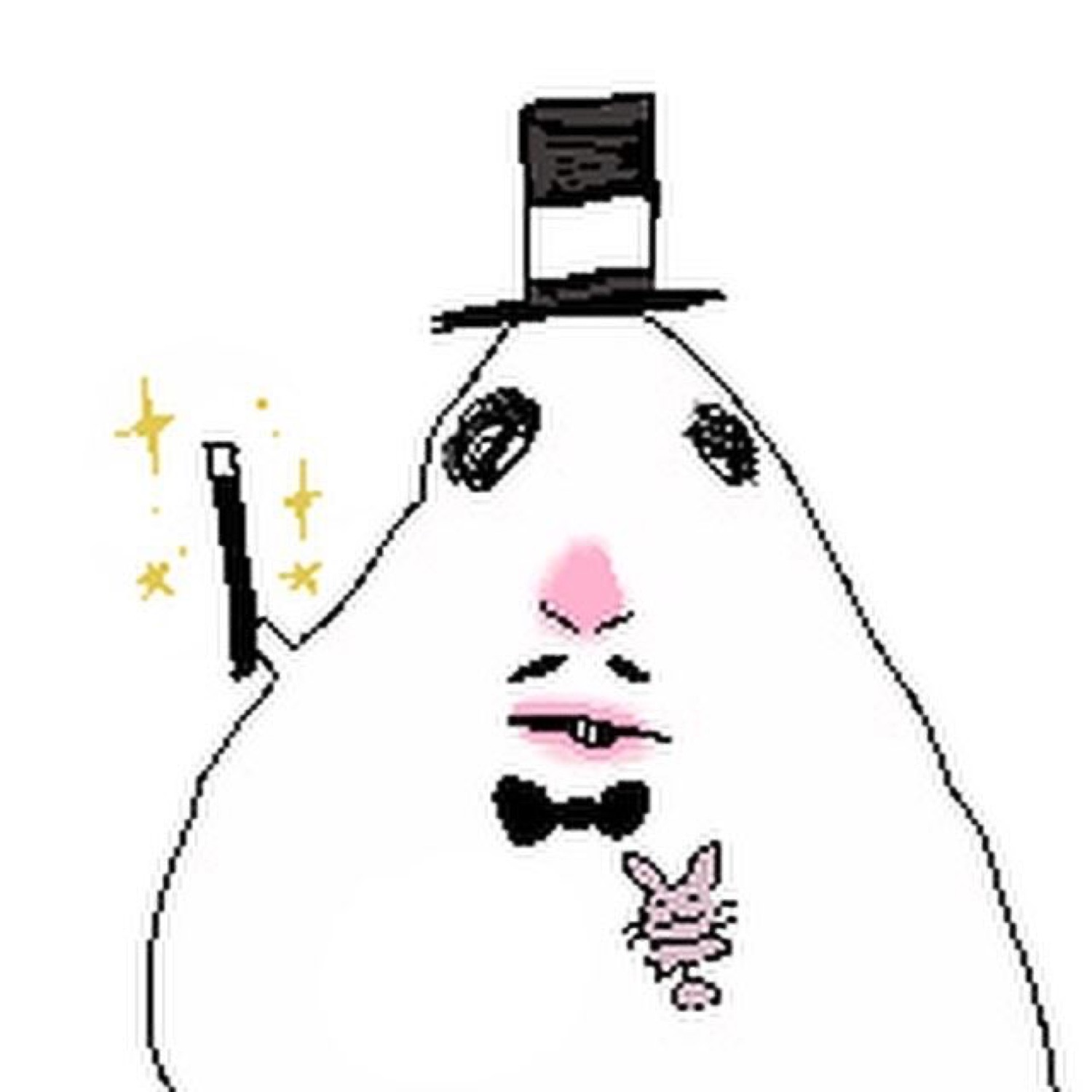 Cartoon blob character wearing a top hat and bow tie, holding a wand with a deadpan smirk