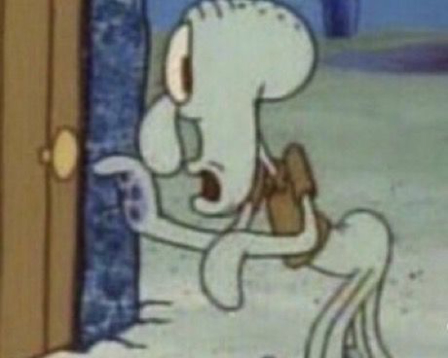 Squidward creeping through a doorway with a wide-eyed, startled open-mouth face