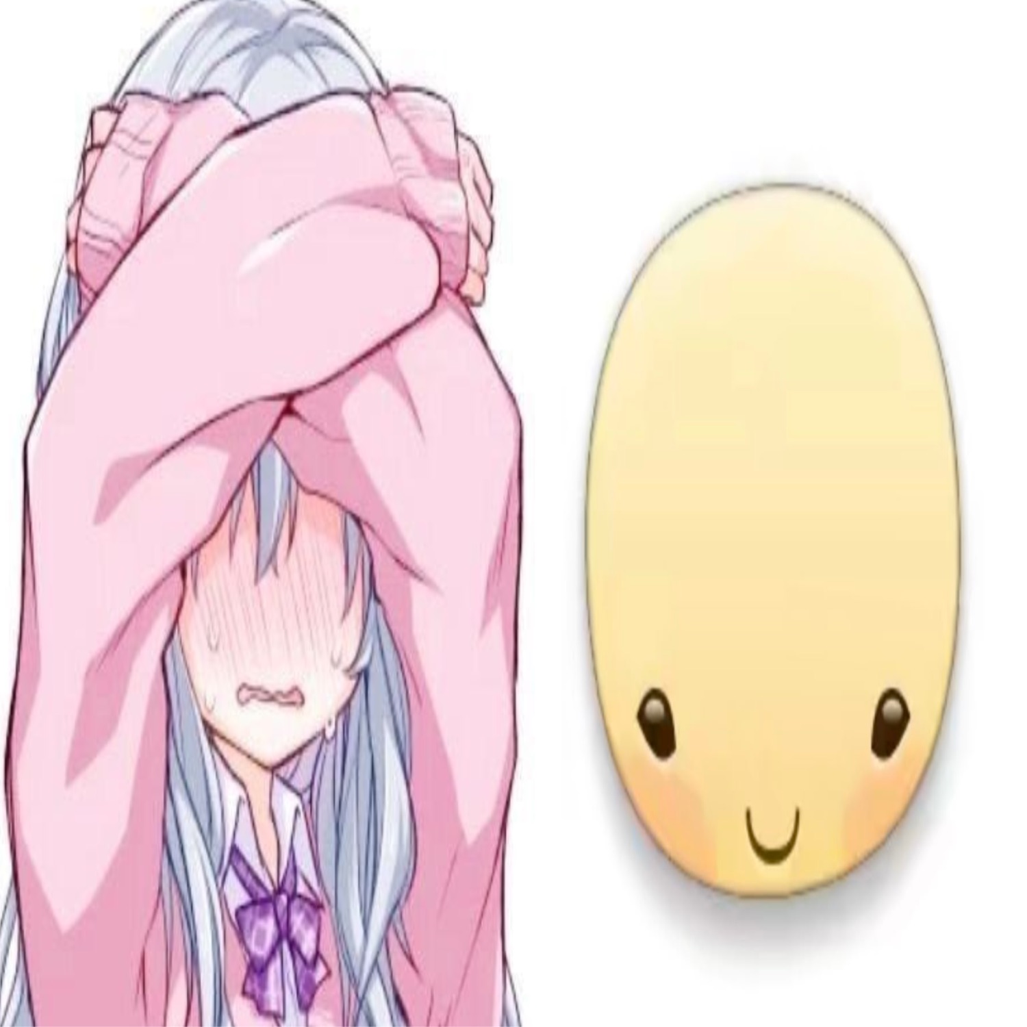 Anime girl covering her blushing embarrassed face beside a calm blank yellow blob face