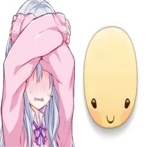 Anime girl covering her blushing embarrassed face beside a calm blank yellow blob face