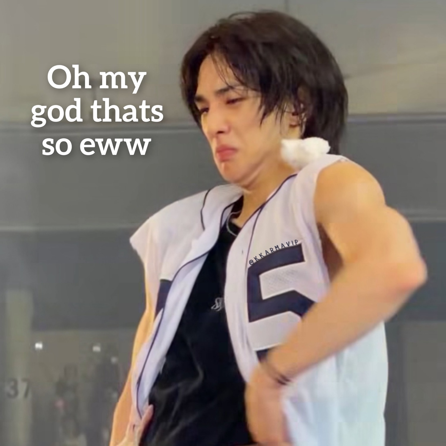K-pop dancer recoiling and scrunching his face, captioned 'Oh my god thats so eww'