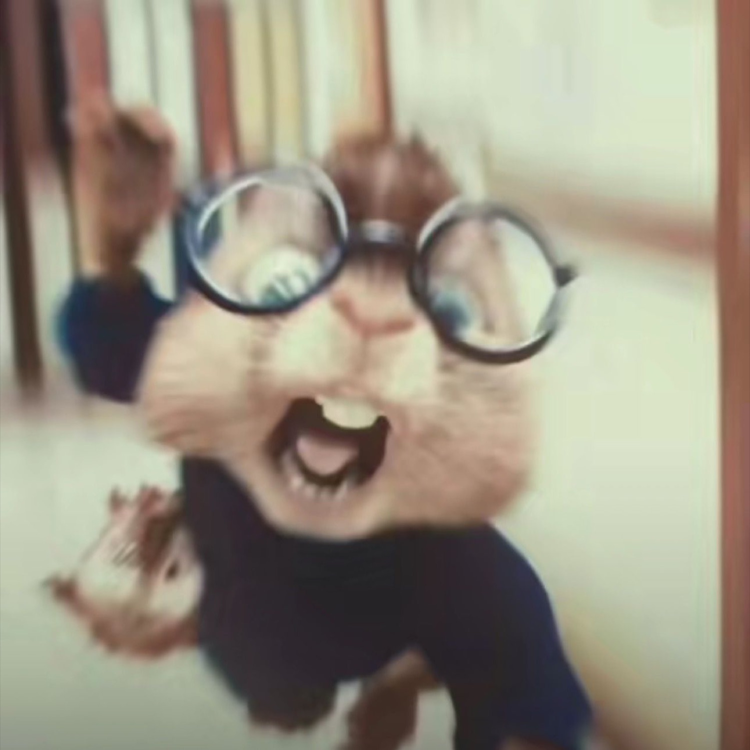 Bespectacled cartoon chipmunk screaming mid-air in a blurry hallway