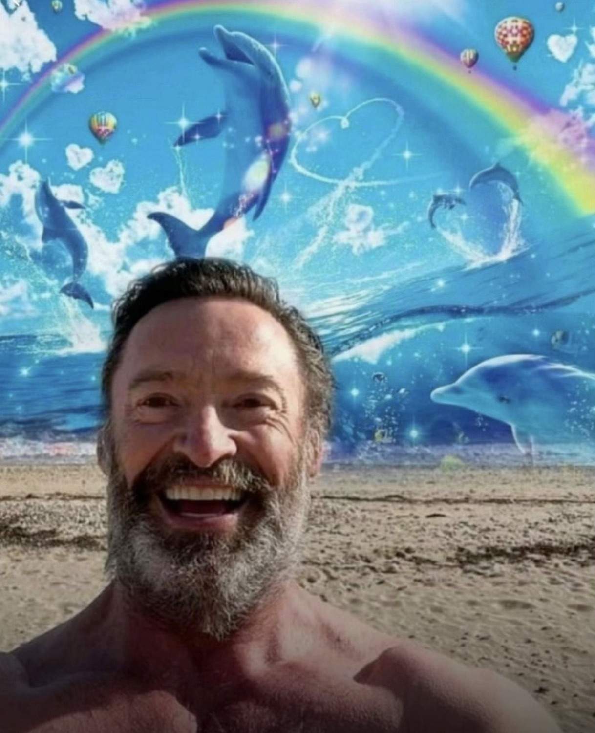 Hugh Jackman grinning ear to ear at the beach with a surreal rainbow dolphins fantasy sky behind him