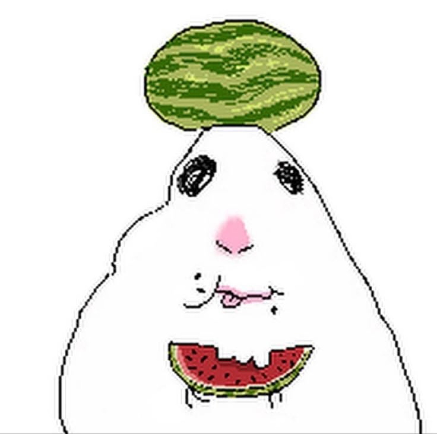 Derpy white blob character with a watermelon on its head holding a slice