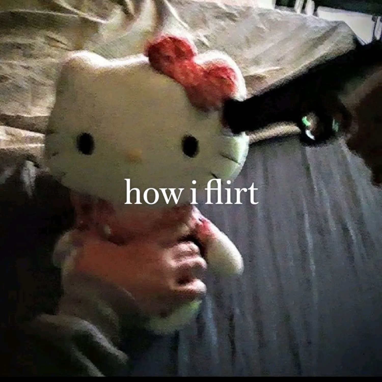 Grainy shot of a Hello Kitty plush held up, captioned 'how i flirt'