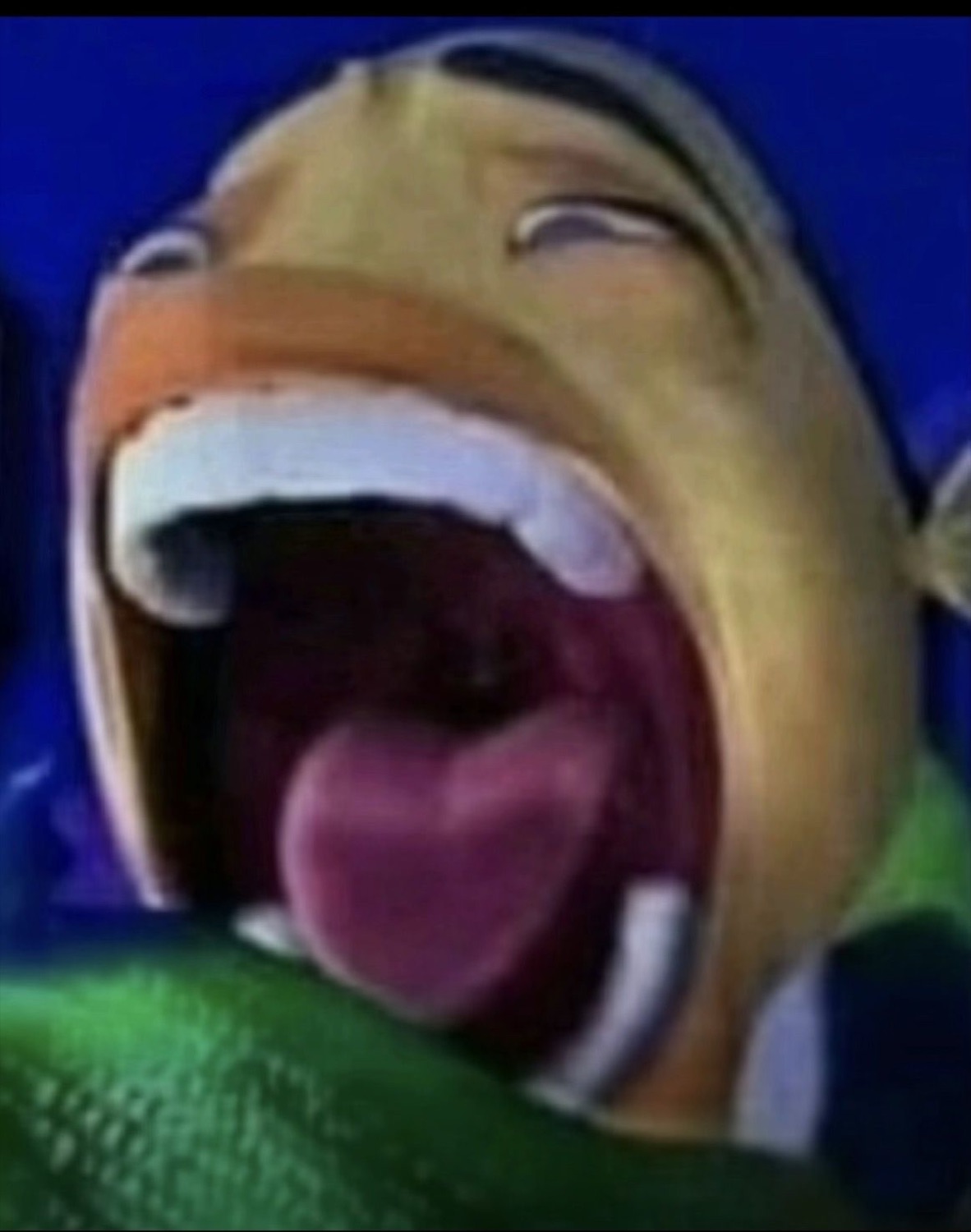 CGI fish from Finding Nemo screaming with mouth wide open and tongue out