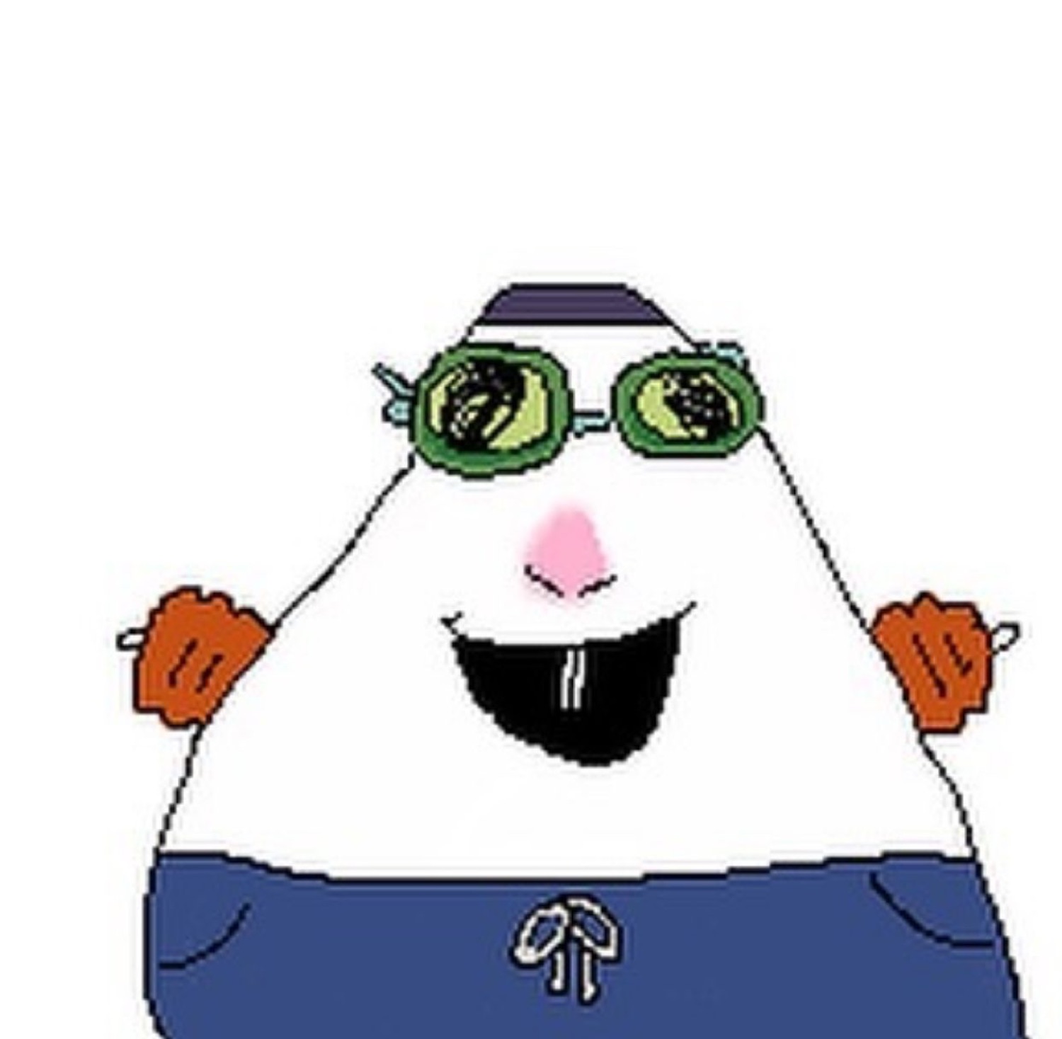 Hamster meme character in goggles and shorts, grinning wide with arms spread in celebration