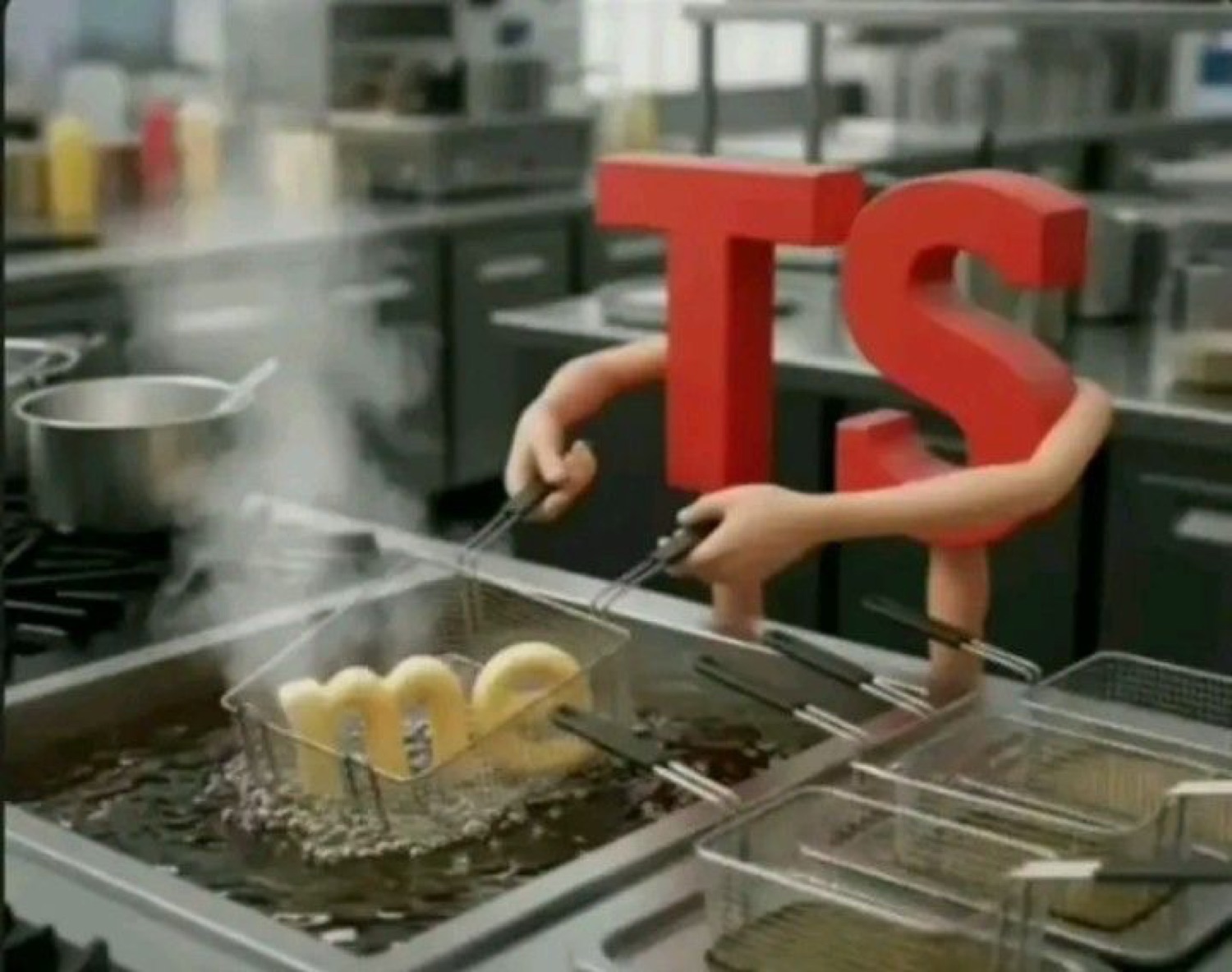 Giant red letters 'TS' deep-frying the word 'me' in a restaurant fryer