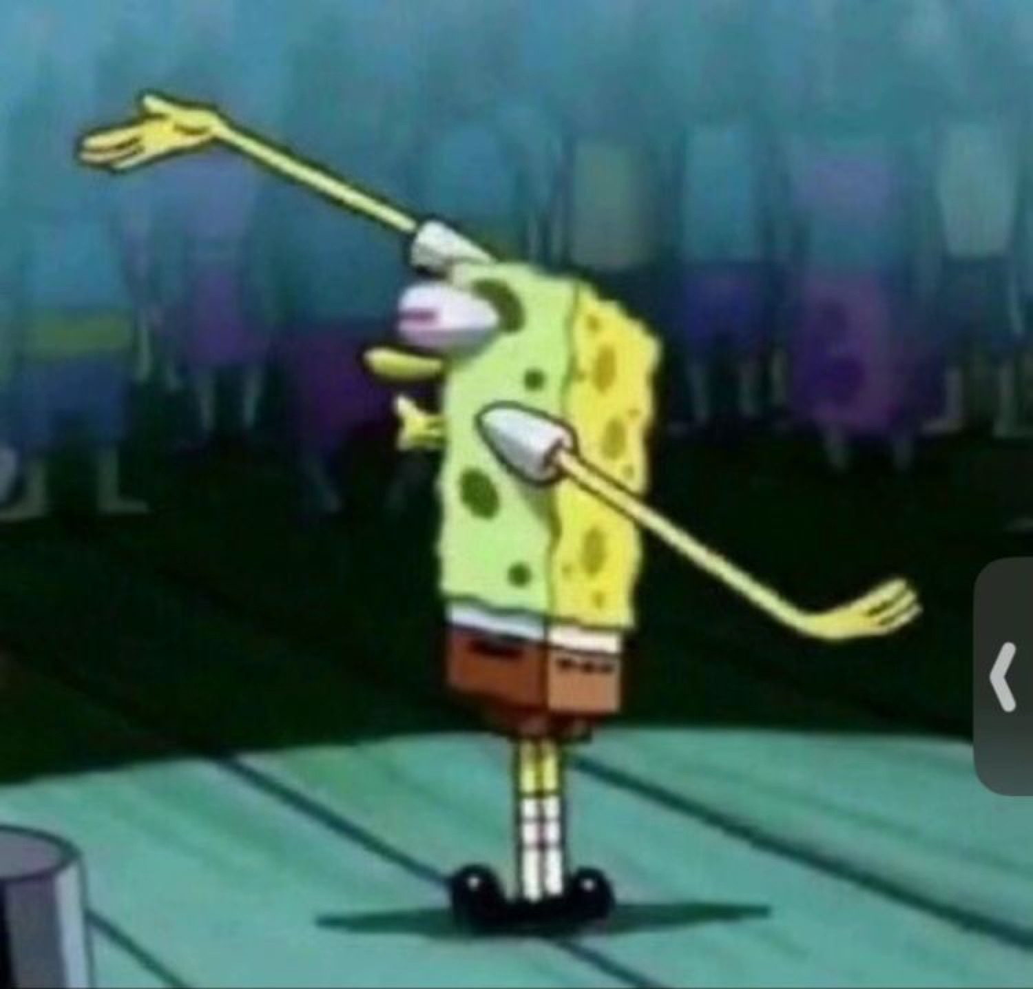 SpongeBob seen from the side, flinging an arm out dramatically mid-dance