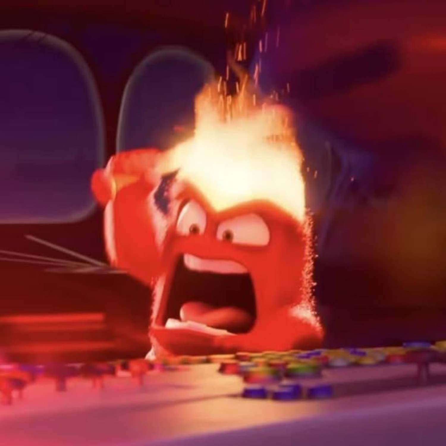 Anger from Inside Out erupting into flames mid-scream at the control panel